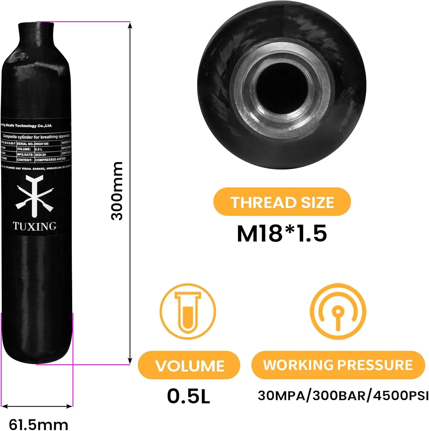 TUXING 4500Psi Pcp Air Tank 0.5L 31Cu in 500cc Carbon Fiber HPA Tank,Gas Cylinder,Paintball Hunting for PCP Air Rifle Gun Daystate and FX Thread M18 * 1.5