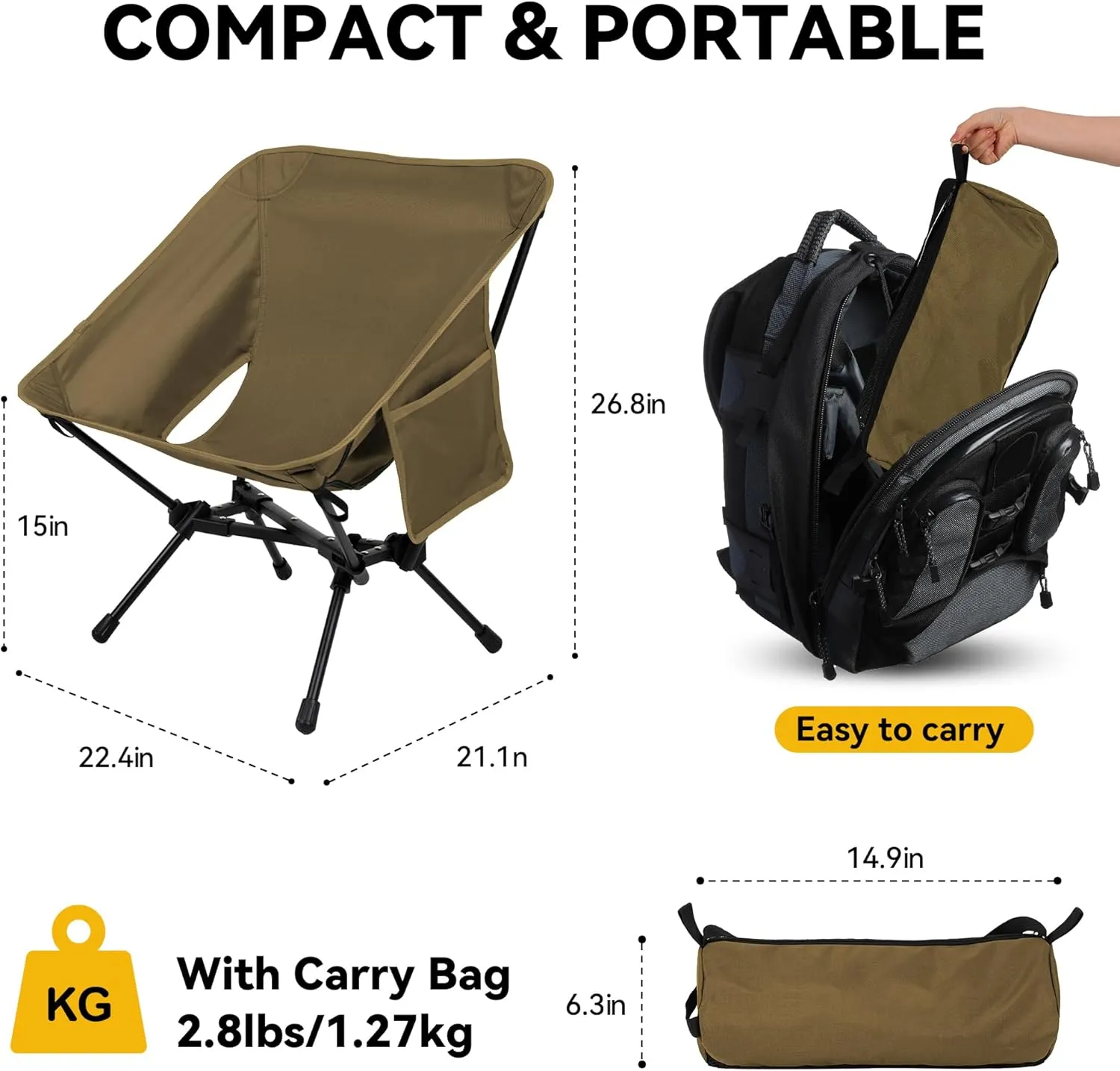 Ultralight Camping Chair, Portable Folding Backpacking Chair, Compact Camping Chair with Carry Bag for Outdoor Camp Hiking Backpack Beach Travel (Khaki)