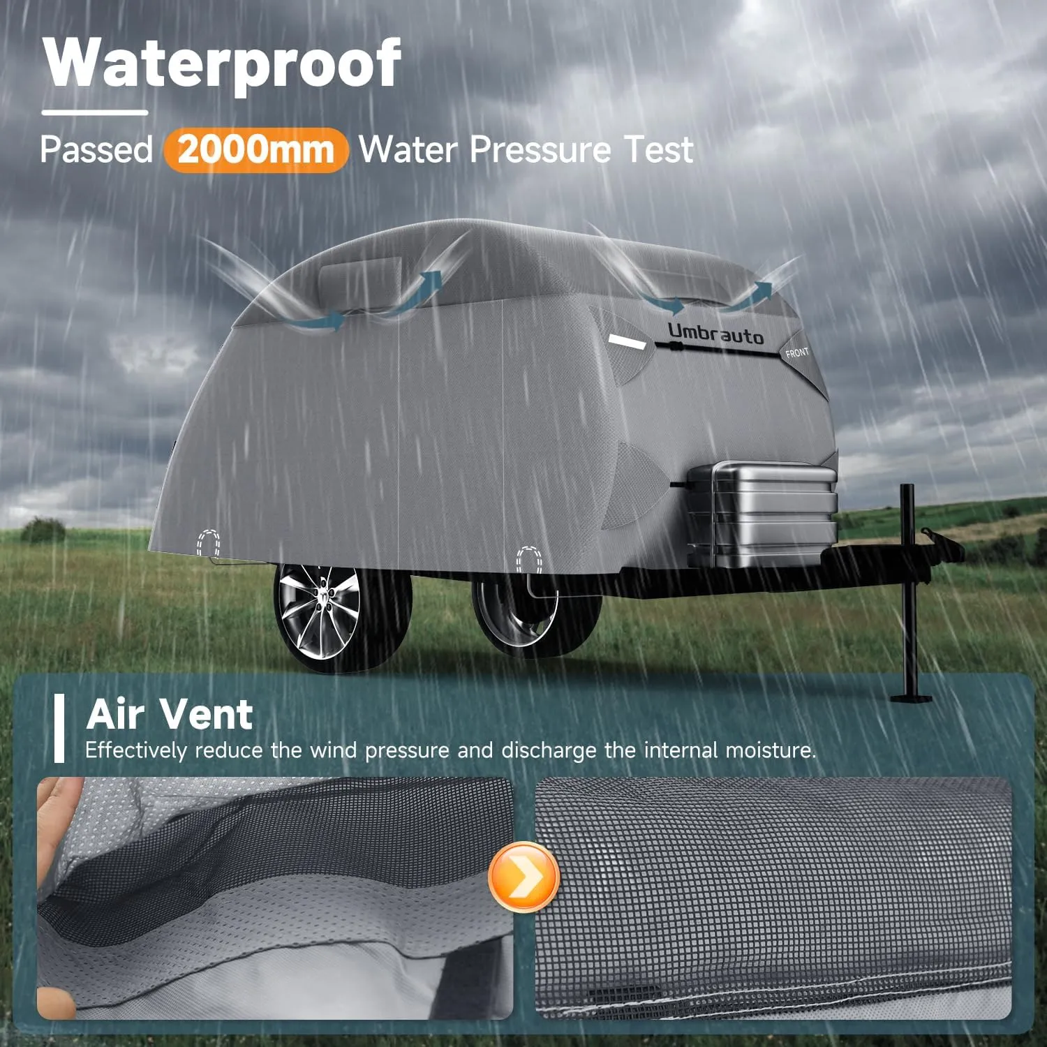 Umbrauto Teardrop Travel Trailer Cover Fits 10'-12' Trailers, 7 Layers Top Heavy Duty Waterproof Camper Cover with Windproof Strap for R-Pod Trailers, Clamshell Trailers