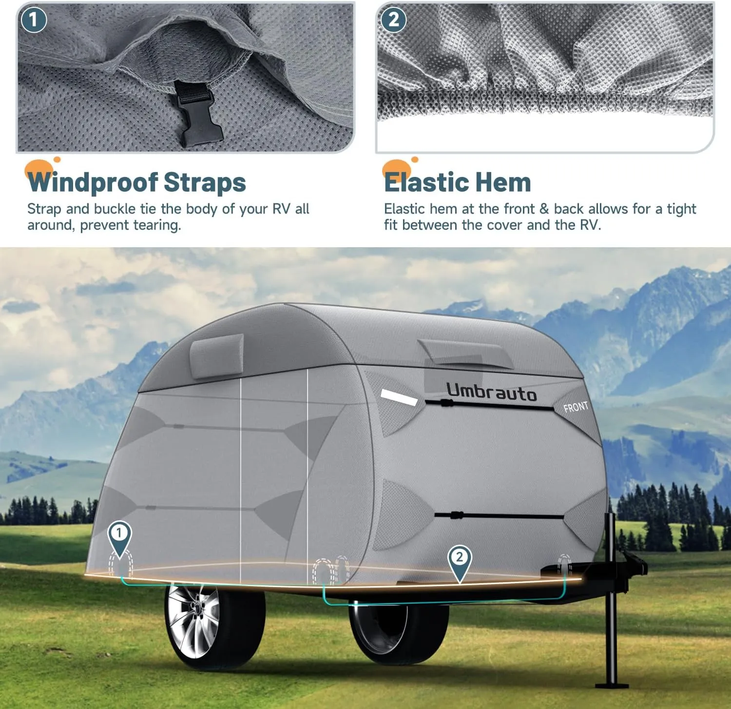 Umbrauto Teardrop Travel Trailer Cover Fits 10'-12' Trailers, 7 Layers Top Heavy Duty Waterproof Camper Cover with Windproof Strap for R-Pod Trailers, Clamshell Trailers