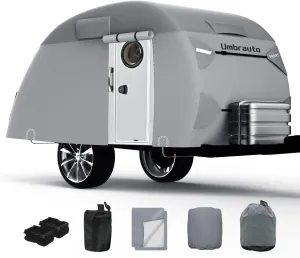 Umbrauto Teardrop Travel Trailer Cover Fits 10'-12' Trailers, 7 Layers Top Heavy Duty Waterproof Camper Cover with Windproof Strap for R-Pod Trailers, Clamshell Trailers