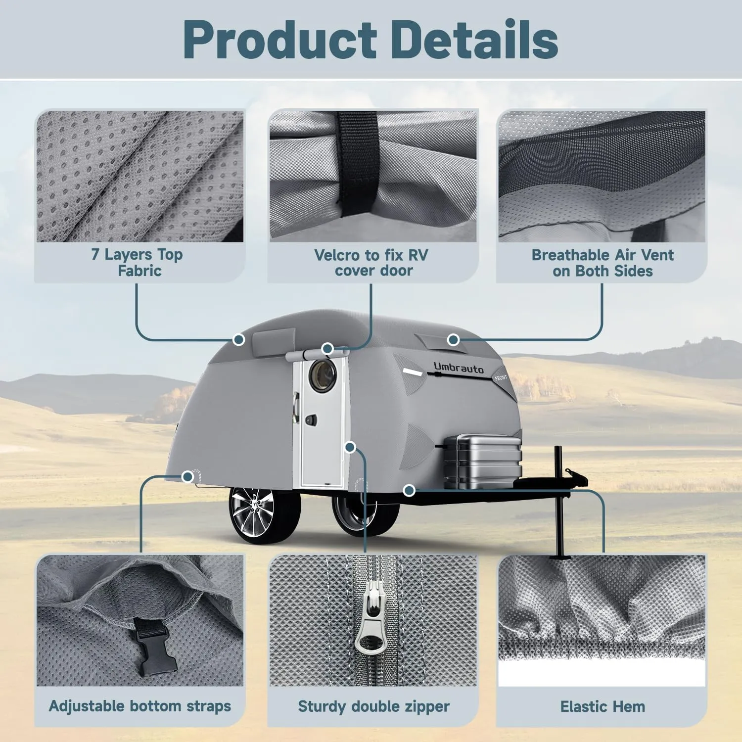 Umbrauto Teardrop Travel Trailer Cover Fits 10'-12' Trailers, 7 Layers Top Heavy Duty Waterproof Camper Cover with Windproof Strap for R-Pod Trailers, Clamshell Trailers