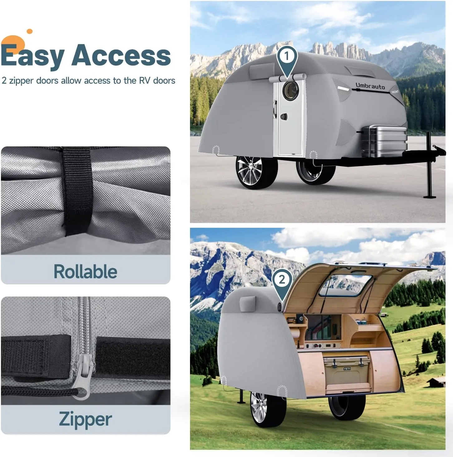 Umbrauto Teardrop Travel Trailer Cover Fits 10'-12' Trailers, 7 Layers Top Heavy Duty Waterproof Camper Cover with Windproof Strap for R-Pod Trailers, Clamshell Trailers
