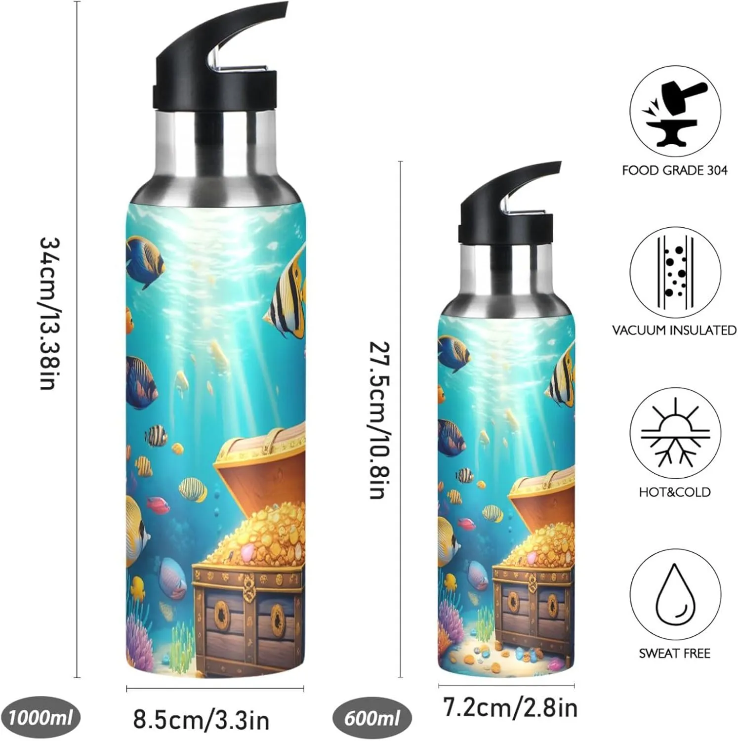 Undersea Scenery Sports Water Bottle with Straw, 22oz BPA Free Stainless Steel Vacuum Insulated Bottle for Gym Fitness Outdoor