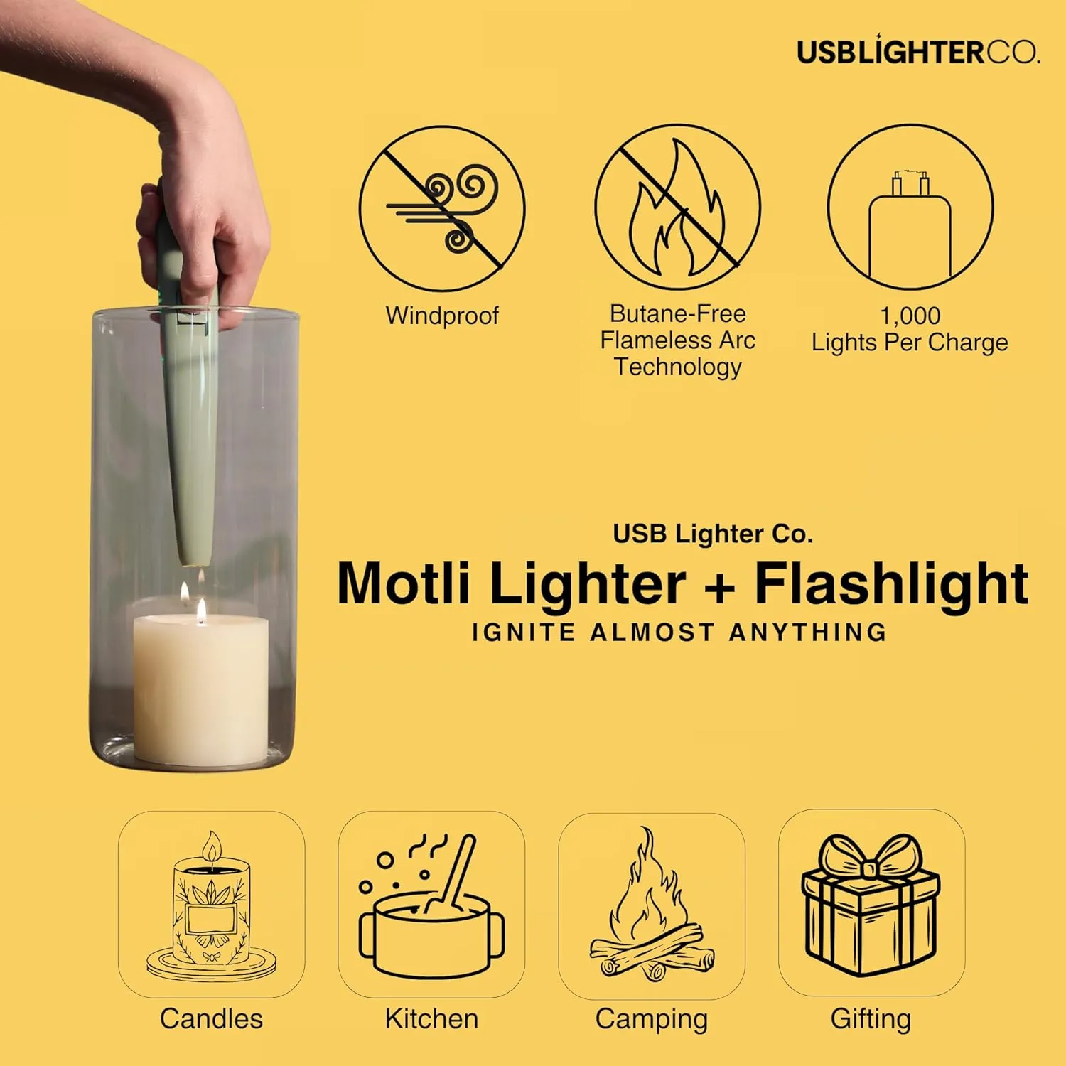 USB Lighter Co. MOTLI Electric Arc Windproof Flameless USB Rechargeable Lighter with Flashlight & Safety Lock for Candle Camping BBQ Grill Gift Outdoors (Mauve)
