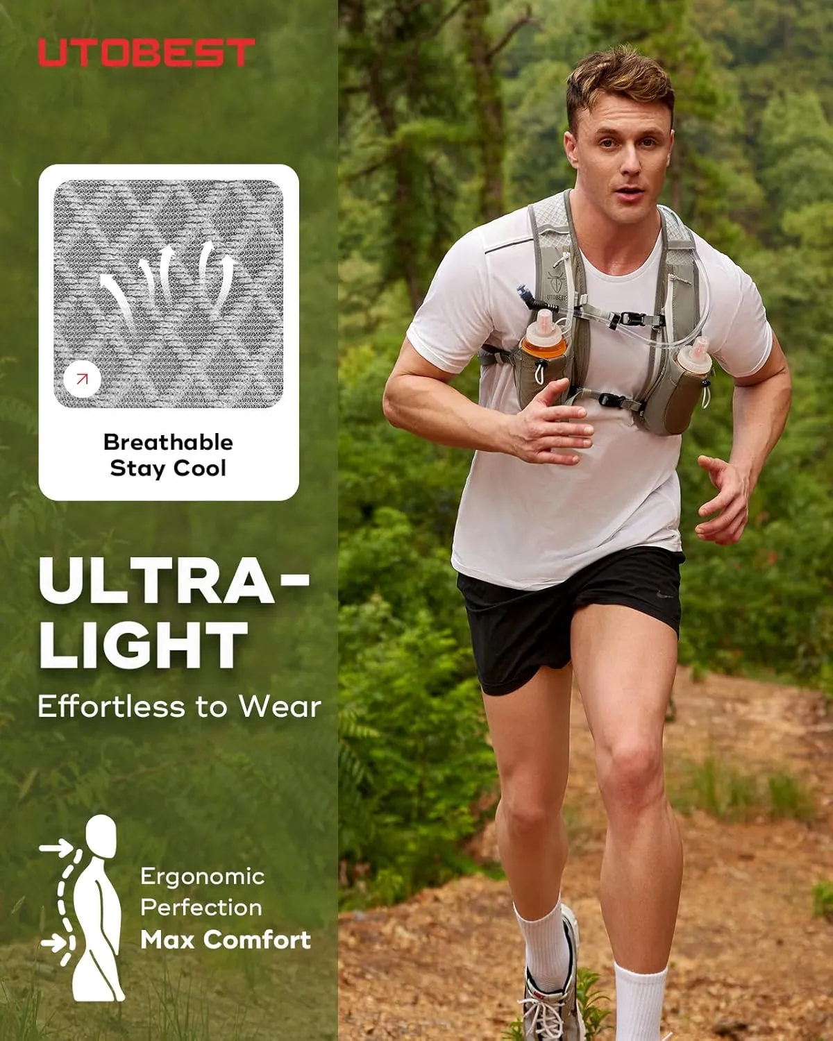 UTOBEST Running Vest, 5L Hydration Vest Lightweight, Breathable and Sweatproof Running Backpack, Adjustable Running Hydration Vest for Trail Running Marathon Race Jogging Cycling