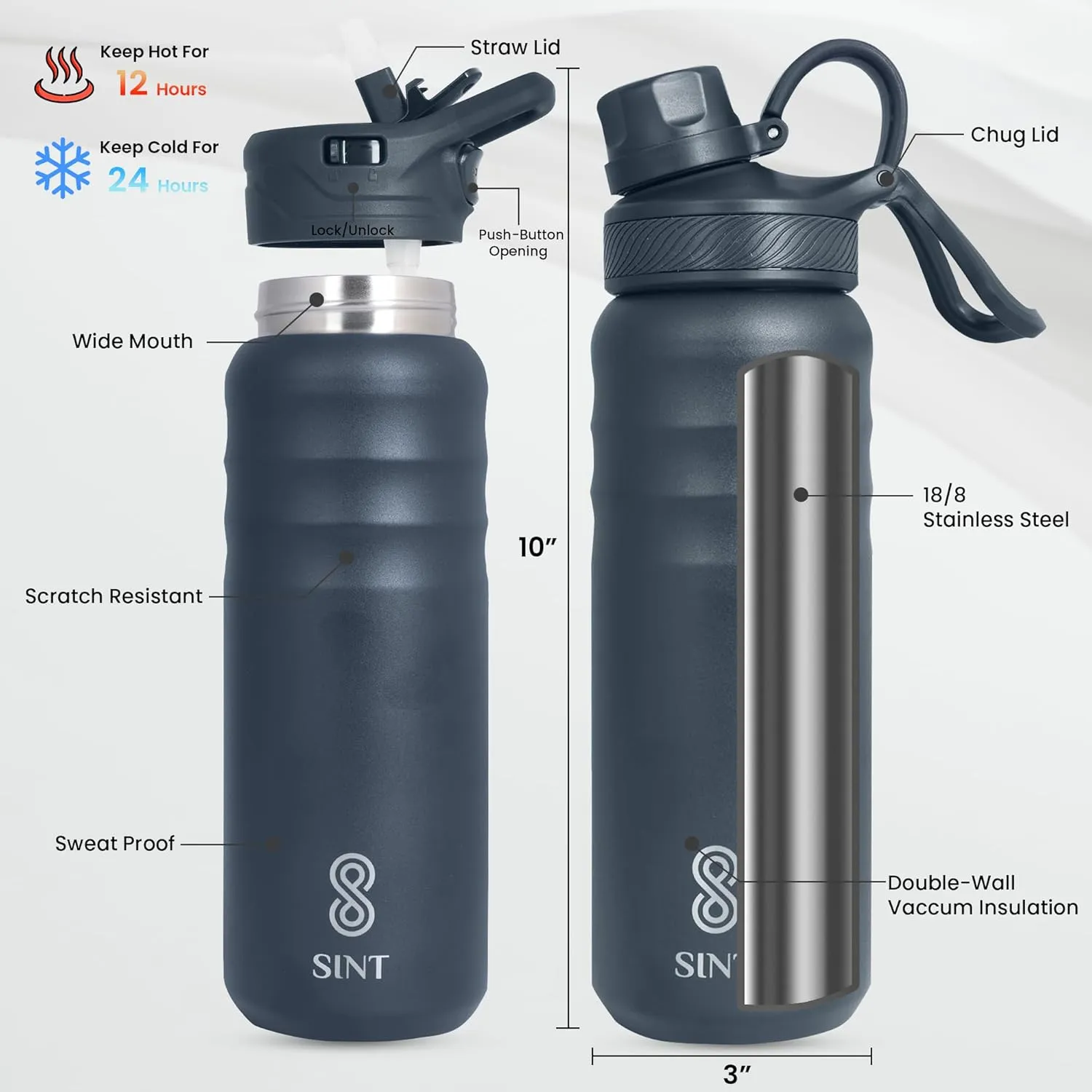 Vacuum Insulated Water Bottle 24 Oz, Leak Proof - Stainless Steel Water Bottle with Straw, Chug and Spout Lid, Double Walled & Dishwasher Safe, Pack of 1 (Dark Blue)