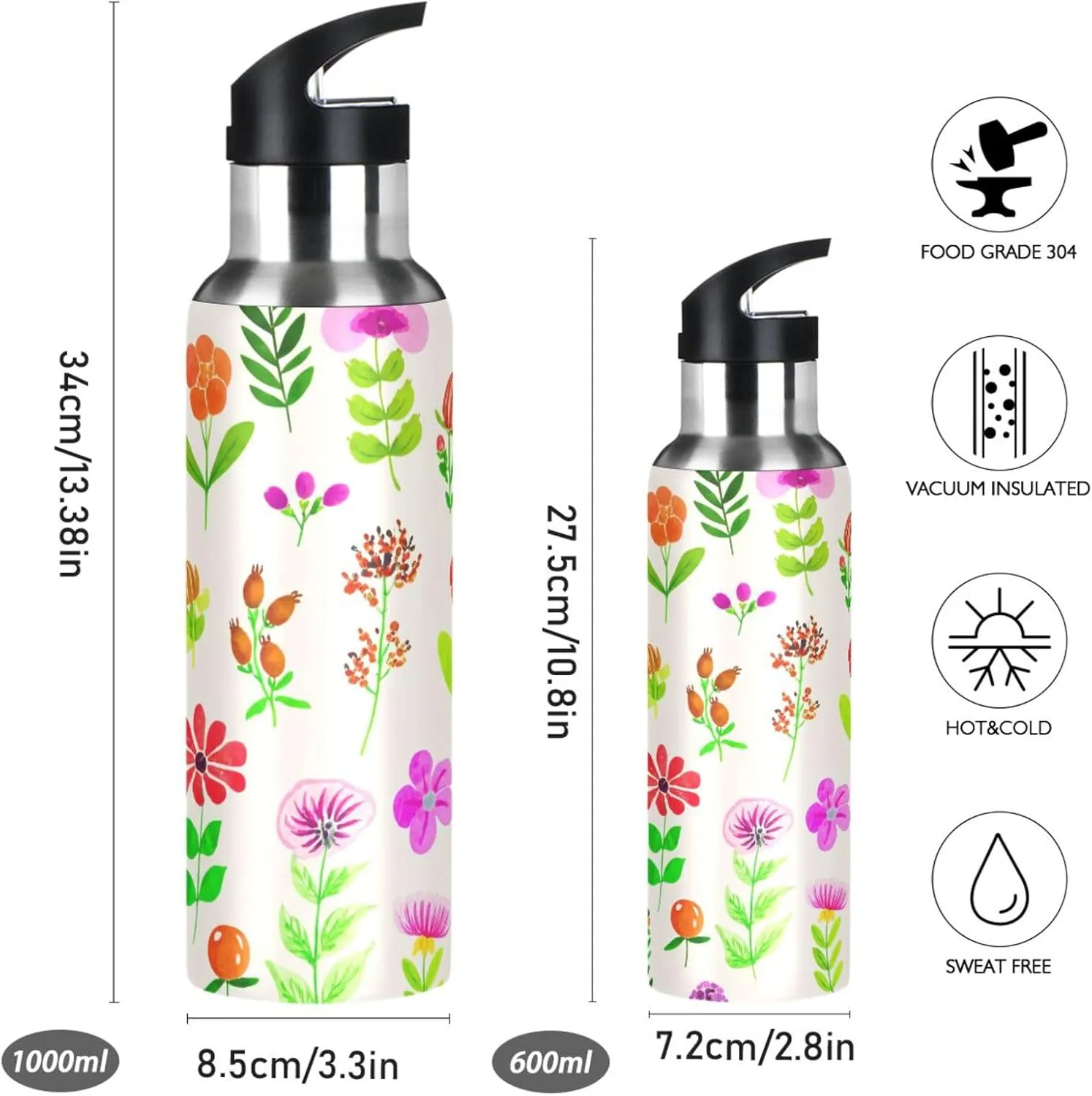 Various Flowers Sports Water Bottle with Straw, 22oz BPA Free Stainless Steel Vacuum Insulated Bottle for Gym Fitness Outdoor