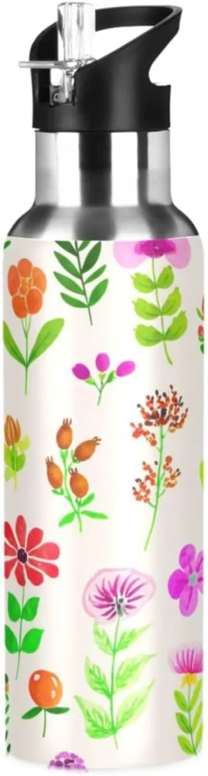 Various Flowers Sports Water Bottle with Straw, 22oz BPA Free Stainless Steel Vacuum Insulated Bottle for Gym Fitness Outdoor
