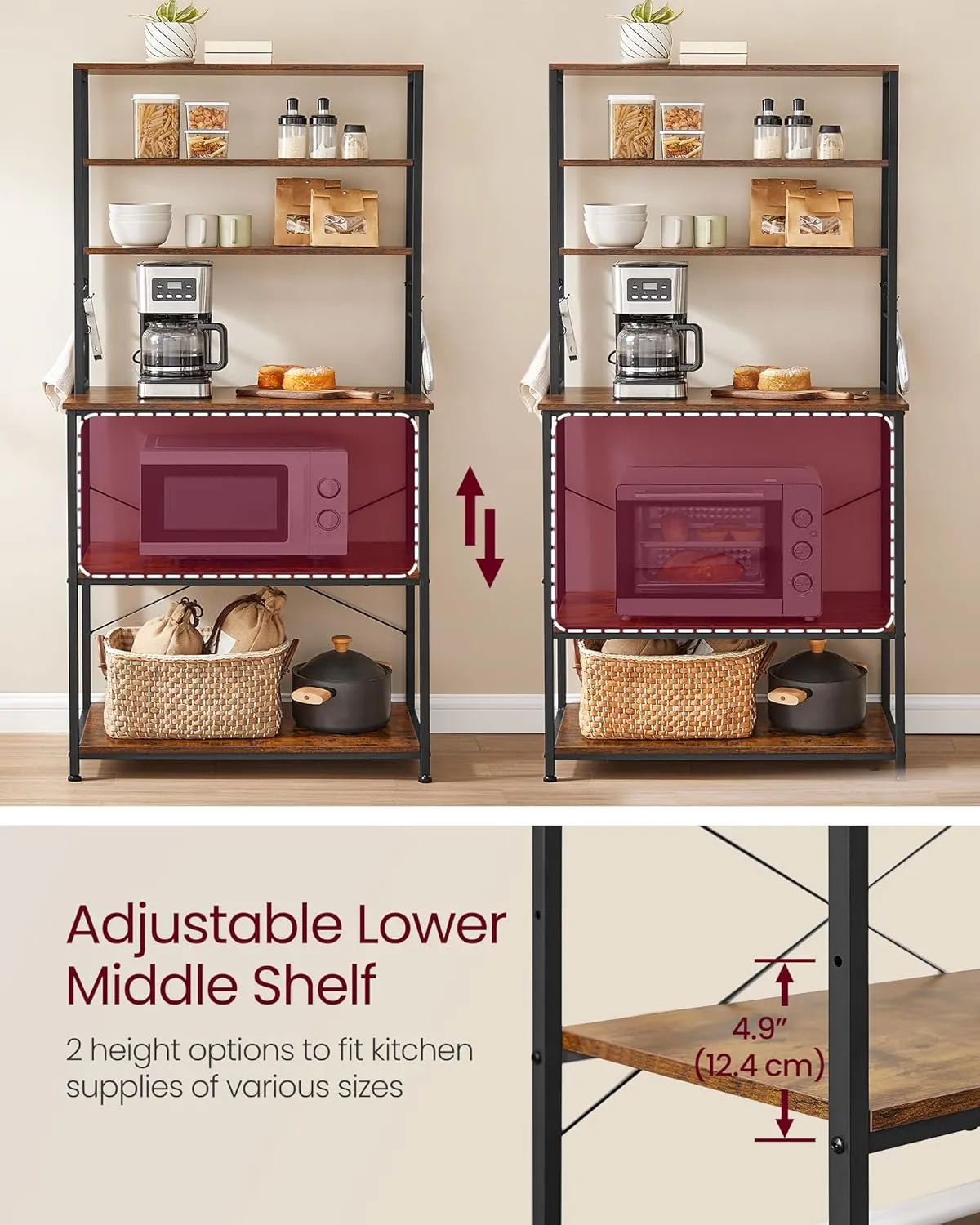 VASAGLE Bakers Rack with Power Outlet, 31.5 Inches Coffee Bar for Kitchen with Storage, 6-Tier Kitchen Shelves with 6 Hooks, Microwave Stand, Rustic Brown and Black UKKS119K01