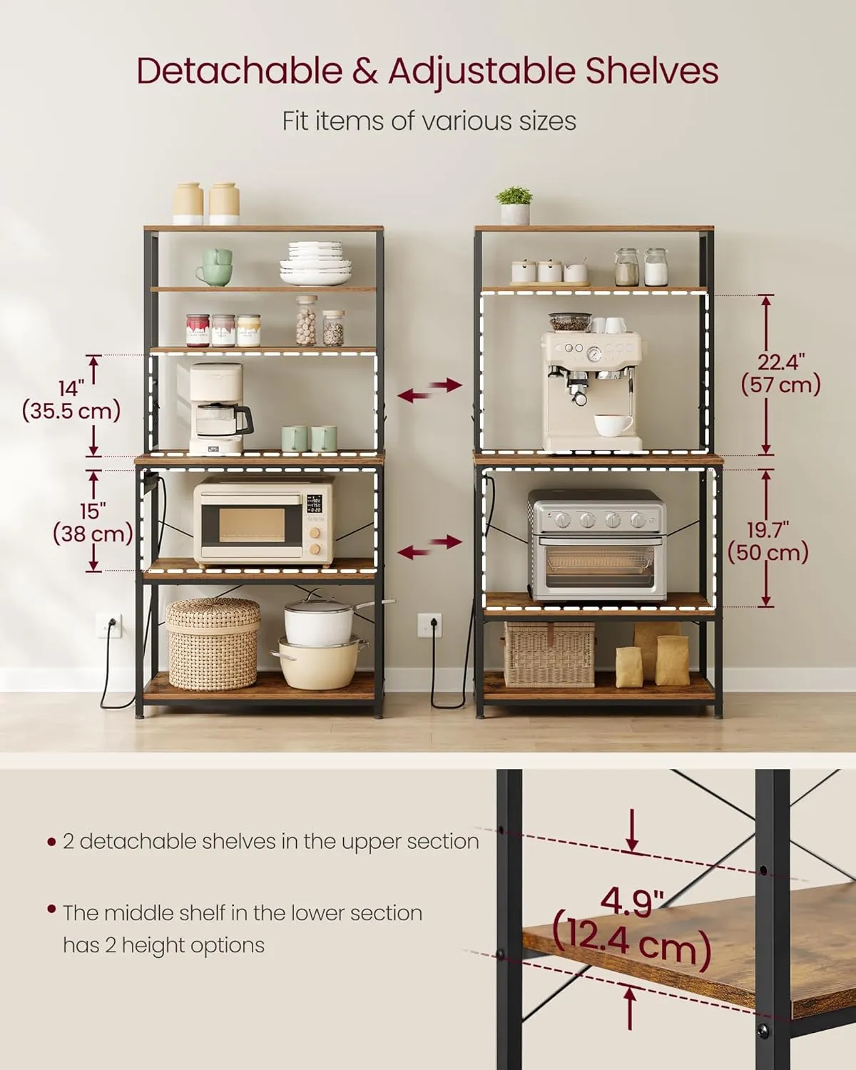 VASAGLE Bakers Rack with Power Outlet, 31.5 Inches Coffee Bar for Kitchen with Storage, 6-Tier Kitchen Shelves with 6 Hooks, Microwave Stand, Rustic Brown and Black UKKS119K01