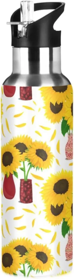 Vase with Sunflower Sports Water Bottle with Straw, 22oz BPA Free Stainless Steel Vacuum Insulated Bottle for Gym Fitness Outdoor