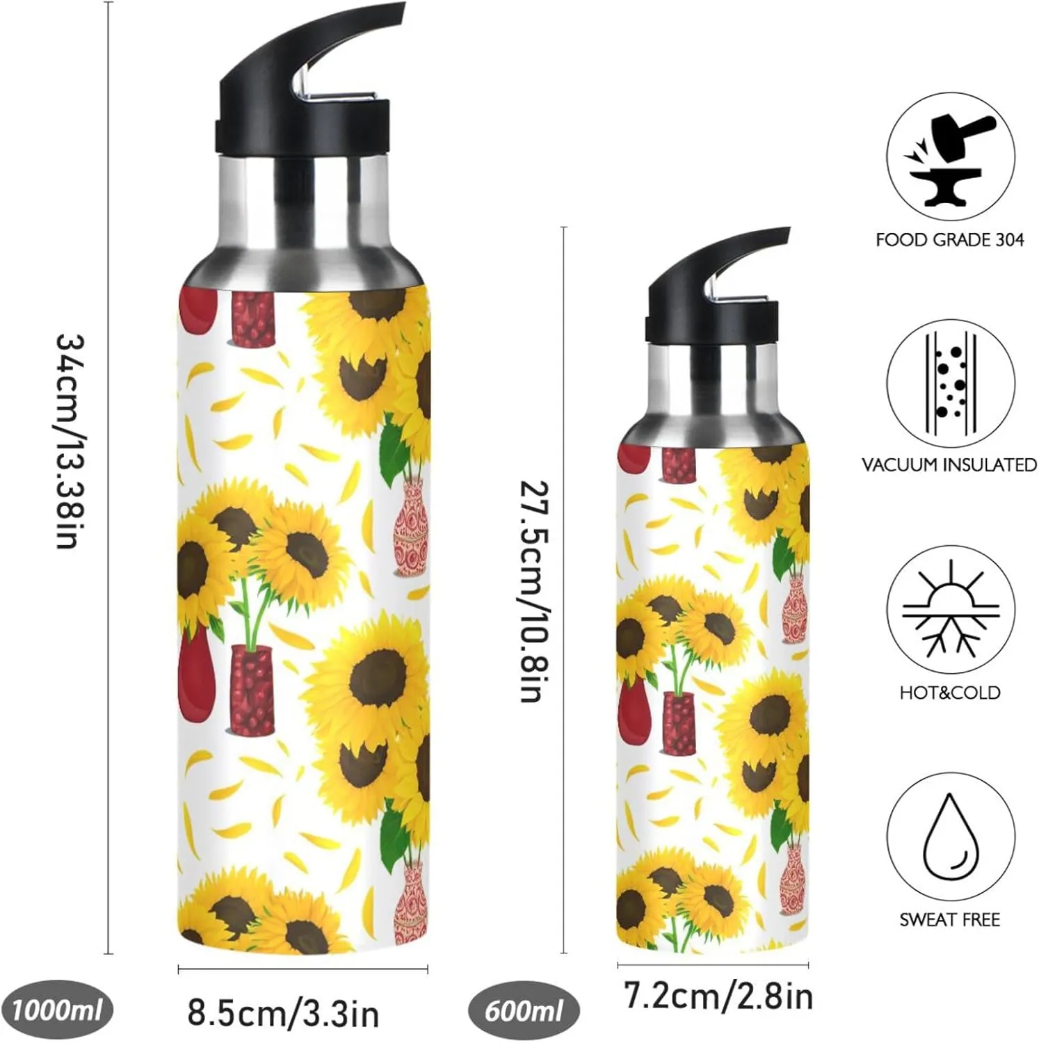 Vase with Sunflower Sports Water Bottle with Straw, 22oz BPA Free Stainless Steel Vacuum Insulated Bottle for Gym Fitness Outdoor