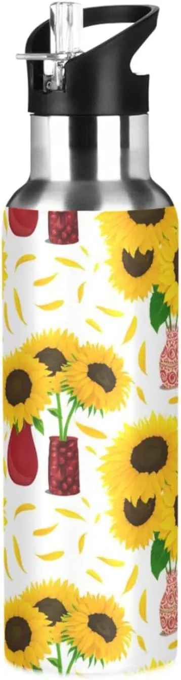 Vase with Sunflower Sports Water Bottle with Straw, 22oz BPA Free Stainless Steel Vacuum Insulated Bottle for Gym Fitness Outdoor