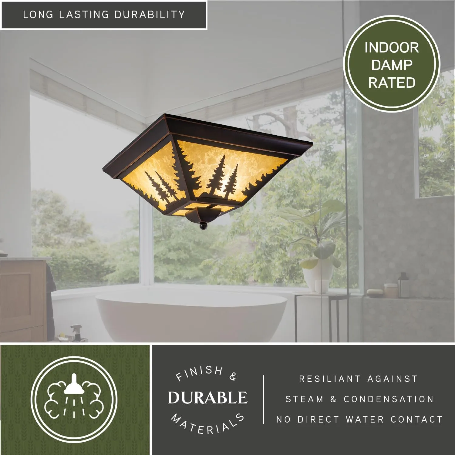 VAXCEL Yosemite Flush Mount Rustic Ceiling Light, Tree Silhouette, Dimmable Indoor Outdoor Lighting, Burnished Bronze Finish, Amber Flake Glass