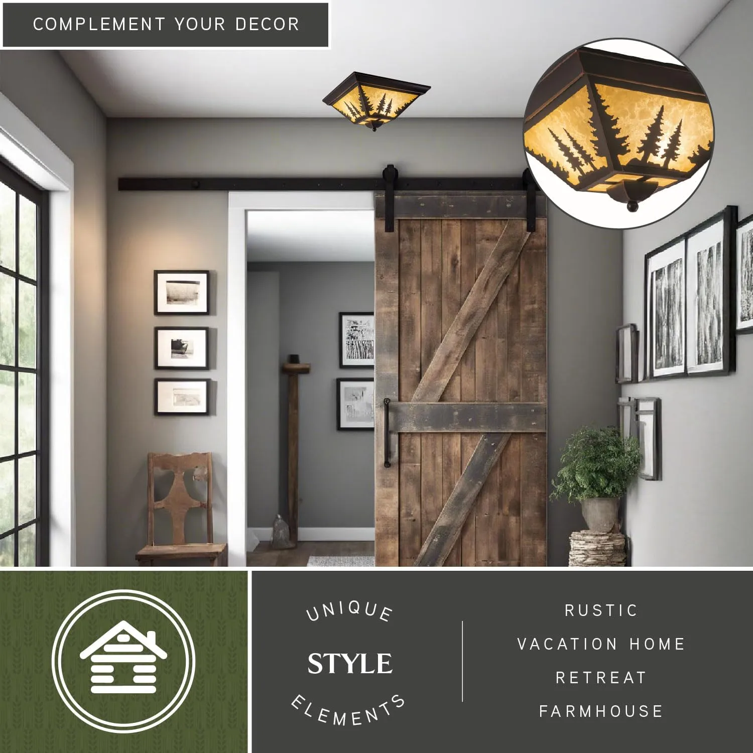 VAXCEL Yosemite Flush Mount Rustic Ceiling Light, Tree Silhouette, Dimmable Indoor Outdoor Lighting, Burnished Bronze Finish, Amber Flake Glass