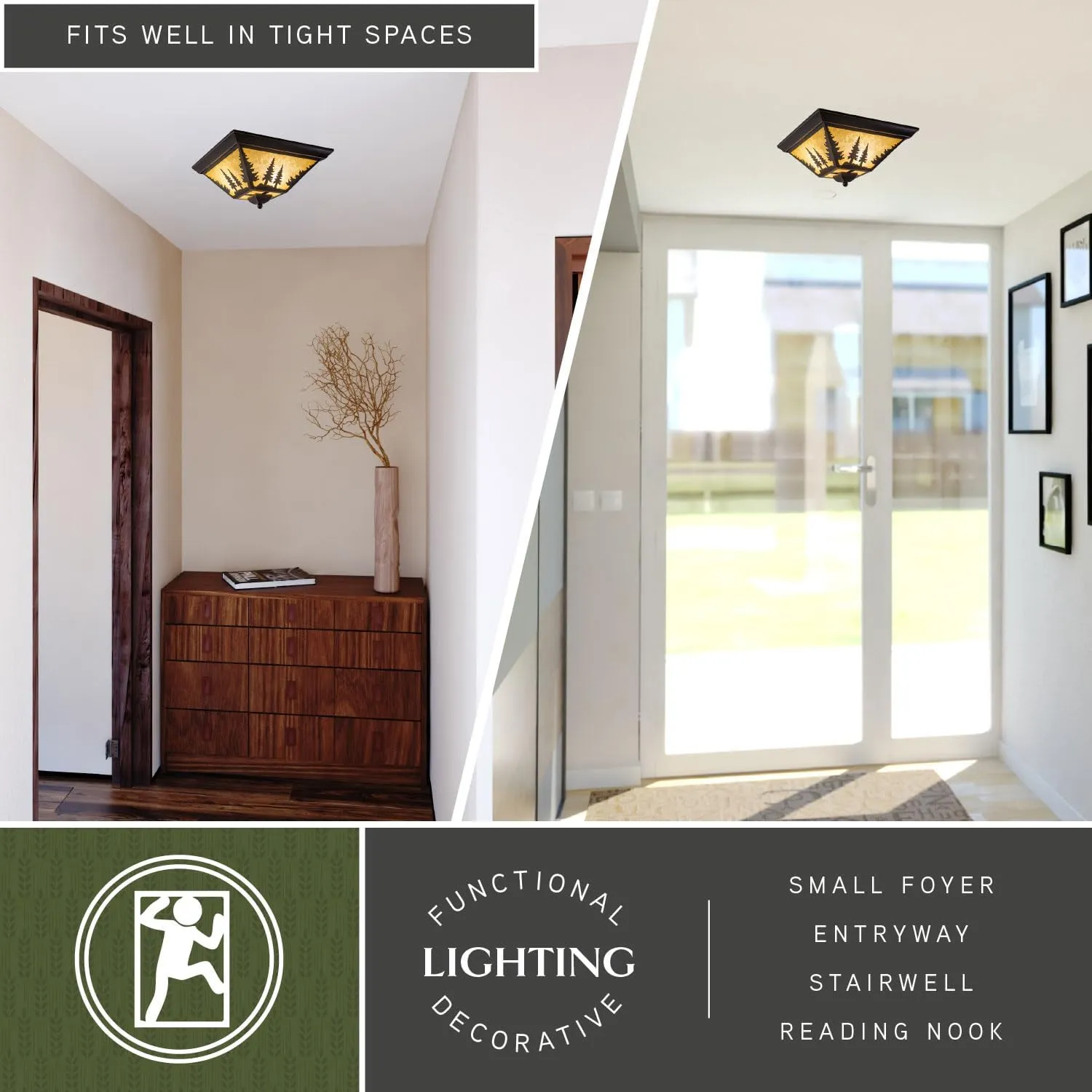 VAXCEL Yosemite Flush Mount Rustic Ceiling Light, Tree Silhouette, Dimmable Indoor Outdoor Lighting, Burnished Bronze Finish, Amber Flake Glass