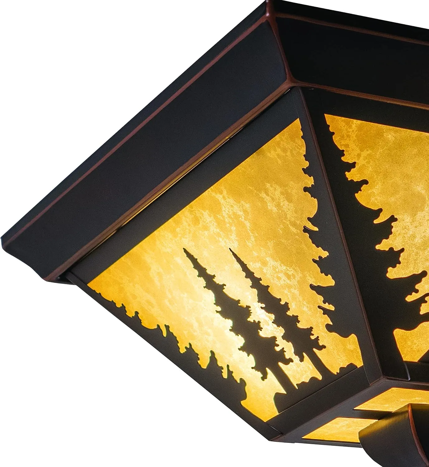 VAXCEL Yosemite Flush Mount Rustic Ceiling Light, Tree Silhouette, Dimmable Indoor Outdoor Lighting, Burnished Bronze Finish, Amber Flake Glass