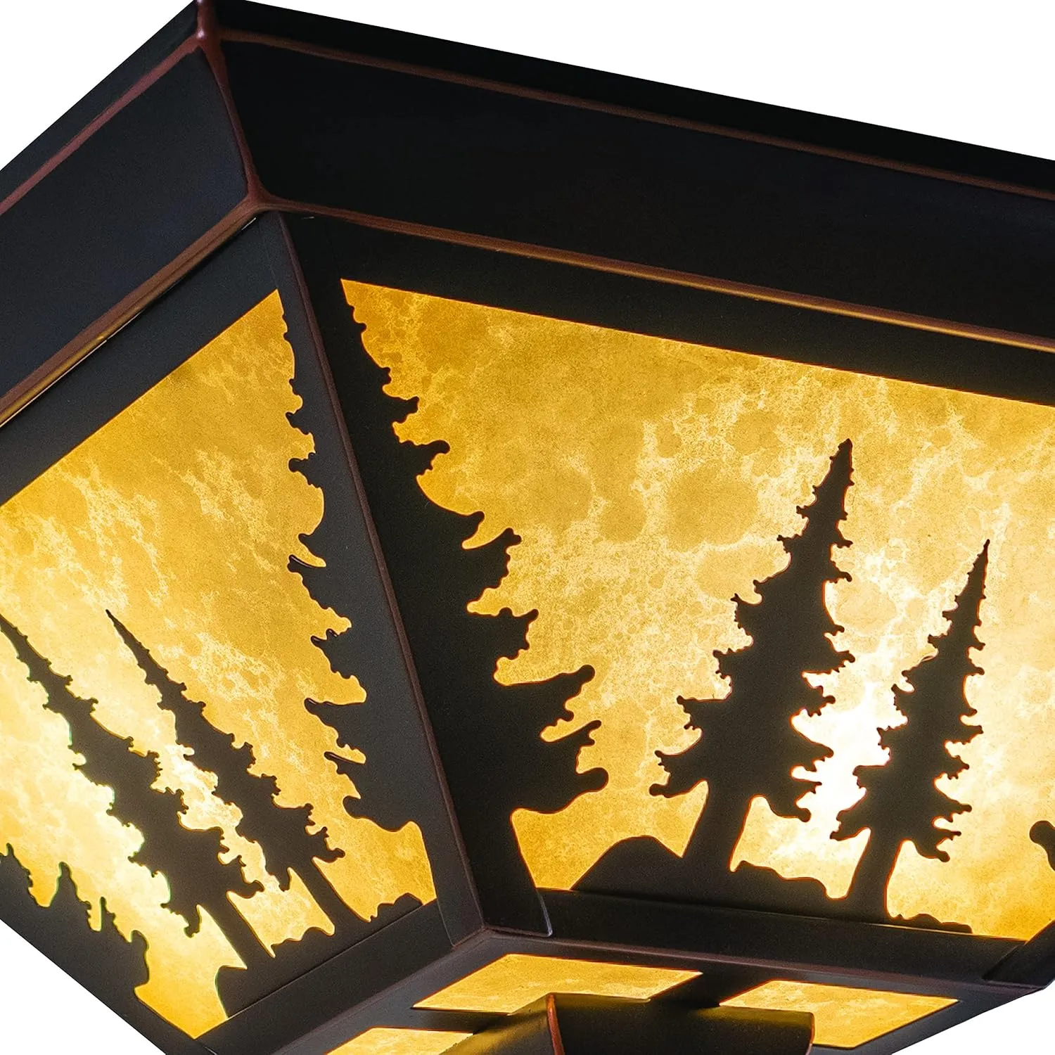 VAXCEL Yosemite Flush Mount Rustic Ceiling Light, Tree Silhouette, Dimmable Indoor Outdoor Lighting, Burnished Bronze Finish, Amber Flake Glass