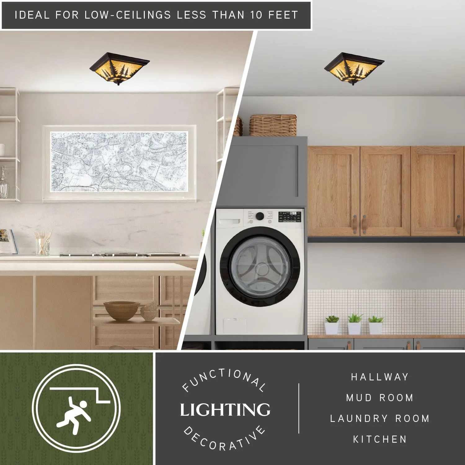 VAXCEL Yosemite Flush Mount Rustic Ceiling Light, Tree Silhouette, Dimmable Indoor Outdoor Lighting, Burnished Bronze Finish, Amber Flake Glass