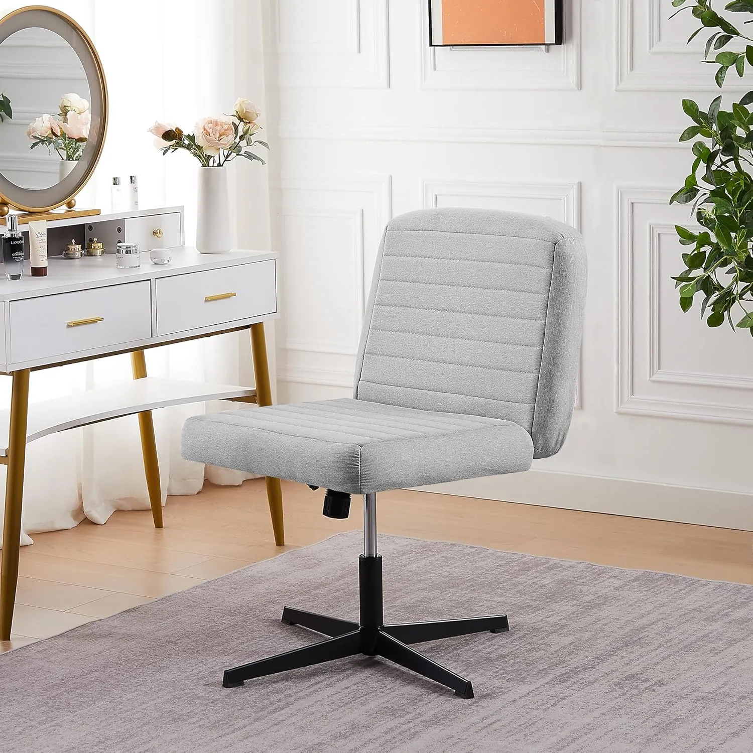 VECELO Armless Office Desk Chair No Wheels, Fabric Padded Cross Legged, Adjustable Height, Wide Seat for Home/Bedroom Make Up, Grey