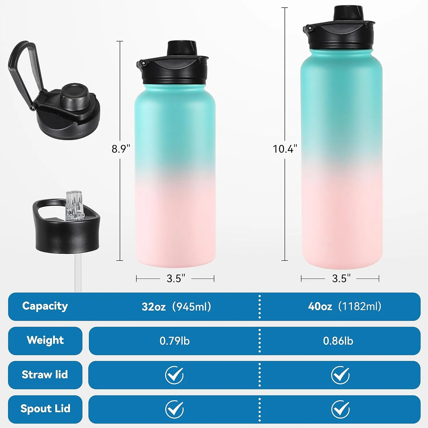 VEGOND 40 oz Insulated Water Bottle Bulk Stainless Steel Metal Water Bottles with Leak Proof Straw Lid & Spout Lid, Wide Mouth Double Walled Vacuum Travel Sports Bottle, 4 Pack