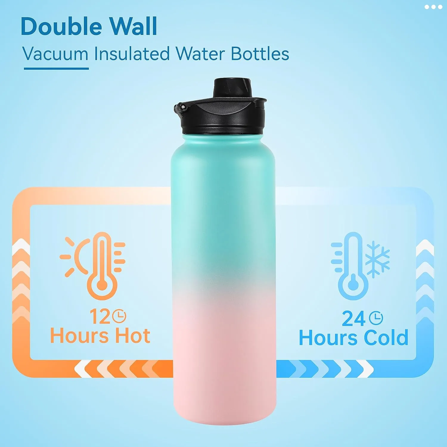 VEGOND 40 oz Insulated Water Bottle Bulk Stainless Steel Metal Water Bottles with Leak Proof Straw Lid & Spout Lid, Wide Mouth Double Walled Vacuum Travel Sports Bottle, 4 Pack