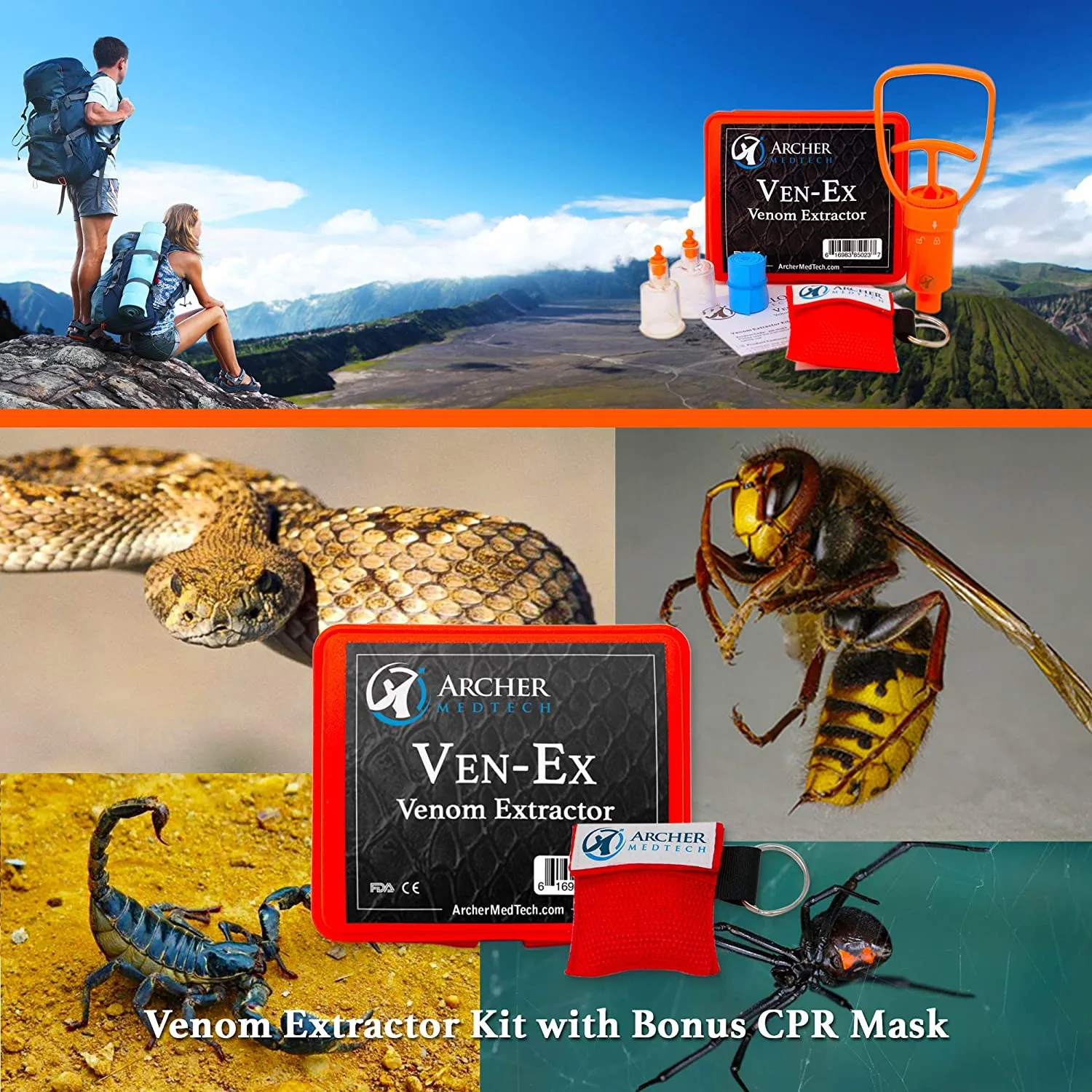 Ven-Ex Snake Bite Kit, Bee Sting Kit, Venom Extractor Suction Pump, Bite and Sting First Aid for Hiking, Backpacking and Camping. Includes Bonus CPR Face Shield by Archer Medtech.