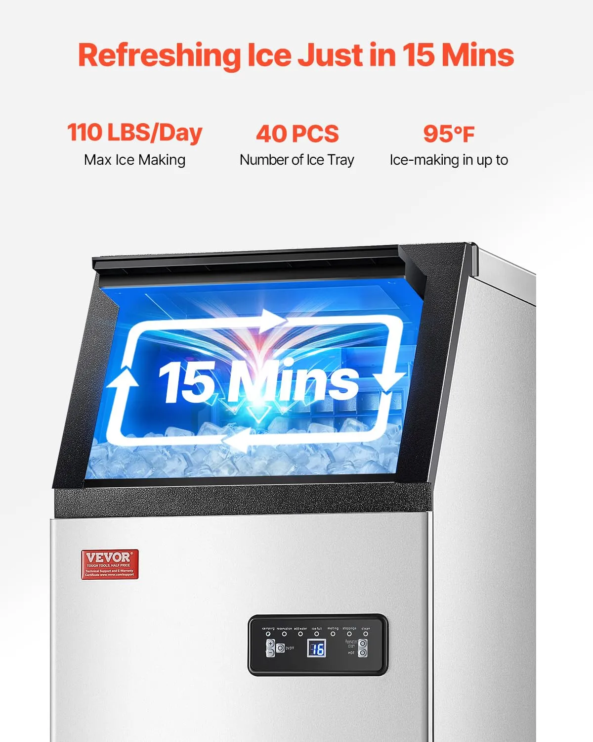 VEVOR 110lbs/24H Commercial Ice Maker, 36 Ice Cubes in 15 Minutes, Freestanding Ice Maker Machine with 28lbs Large Storage Capacity for Bar Office Restaurant, with LED Digital Display & Self-Cleaning