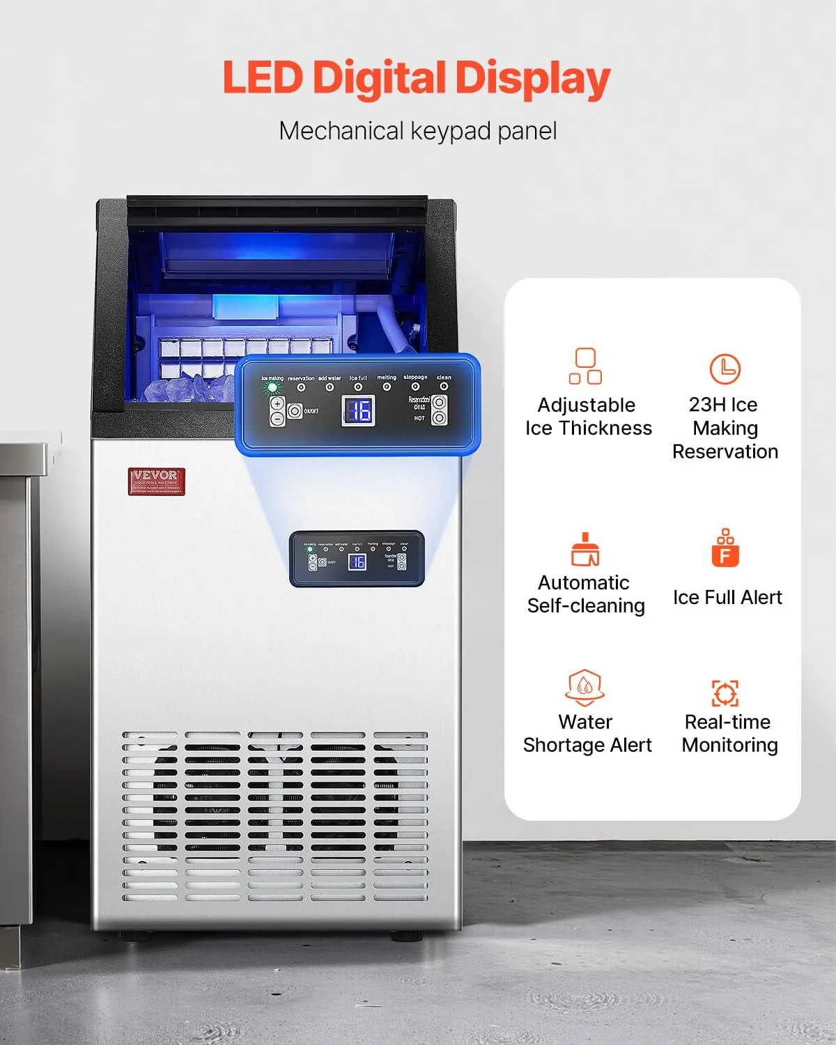 VEVOR 110lbs/24H Commercial Ice Maker, 36 Ice Cubes in 15 Minutes, Freestanding Ice Maker Machine with 28lbs Large Storage Capacity for Bar Office Restaurant, with LED Digital Display & Self-Cleaning