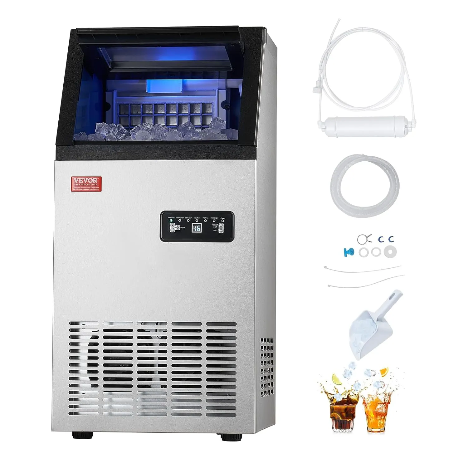 VEVOR 110lbs/24H Commercial Ice Maker, 36 Ice Cubes in 15 Minutes, Freestanding Ice Maker Machine with 28lbs Large Storage Capacity for Bar Office Restaurant, with LED Digital Display & Self-Cleaning
