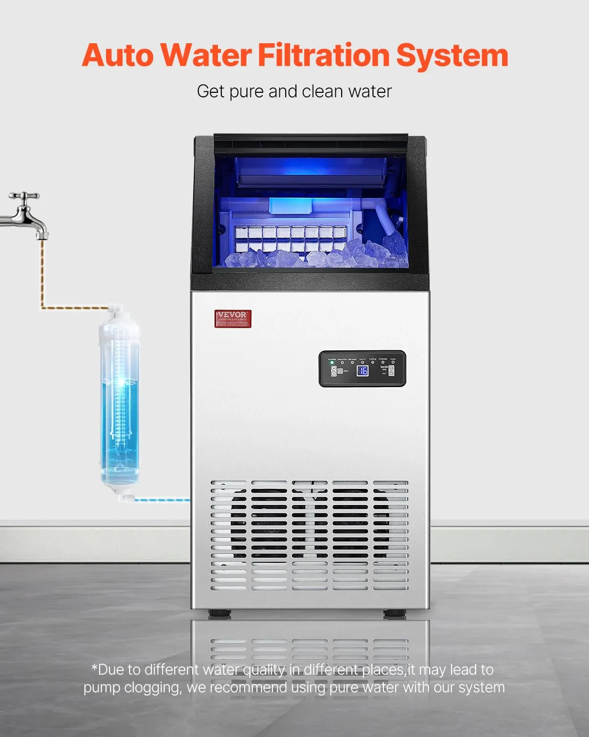VEVOR 110lbs/24H Commercial Ice Maker, 36 Ice Cubes in 15 Minutes, Freestanding Ice Maker Machine with 28lbs Large Storage Capacity for Bar Office Restaurant, with LED Digital Display & Self-Cleaning