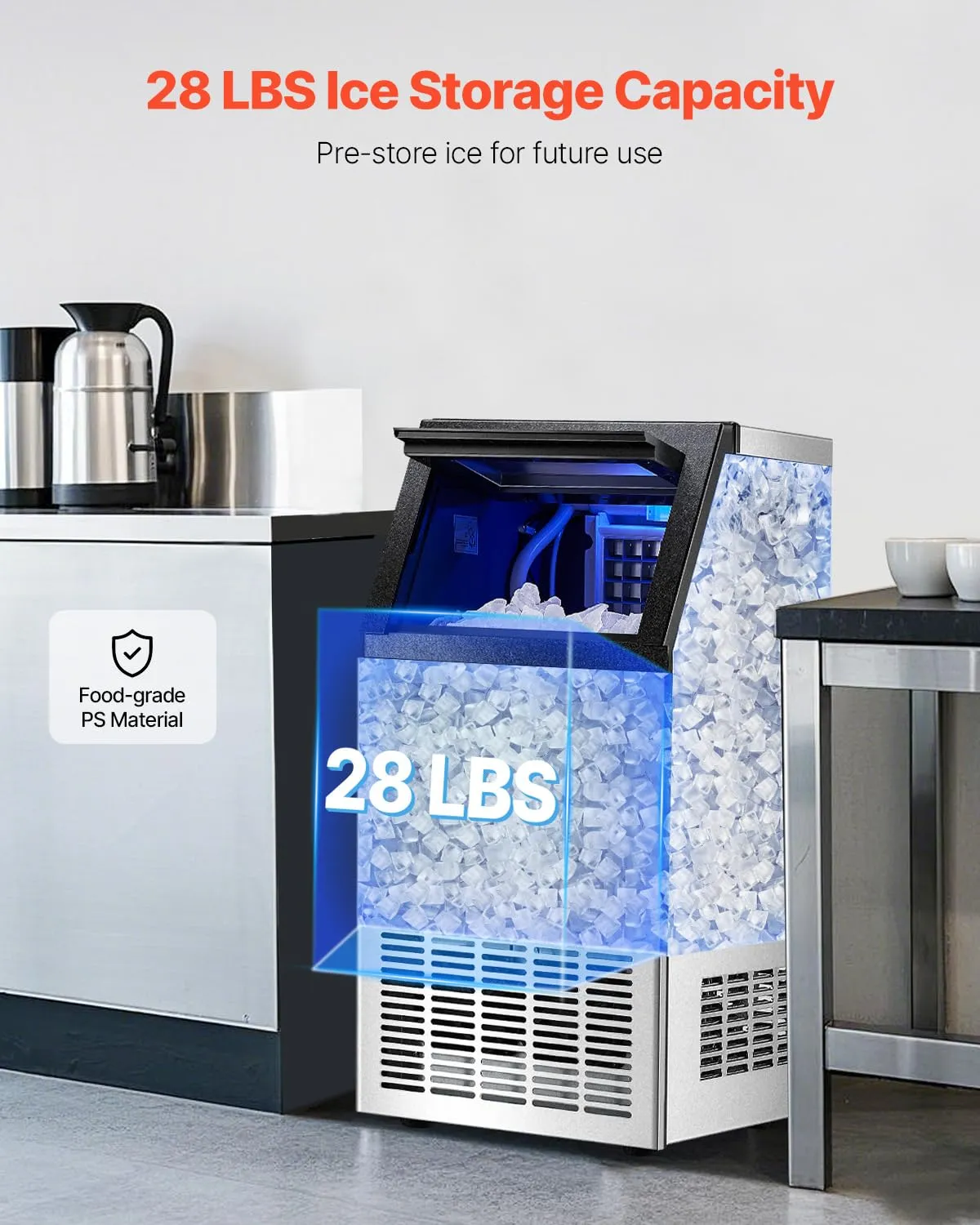 VEVOR 110lbs/24H Commercial Ice Maker, 36 Ice Cubes in 15 Minutes, Freestanding Ice Maker Machine with 28lbs Large Storage Capacity for Bar Office Restaurant, with LED Digital Display & Self-Cleaning