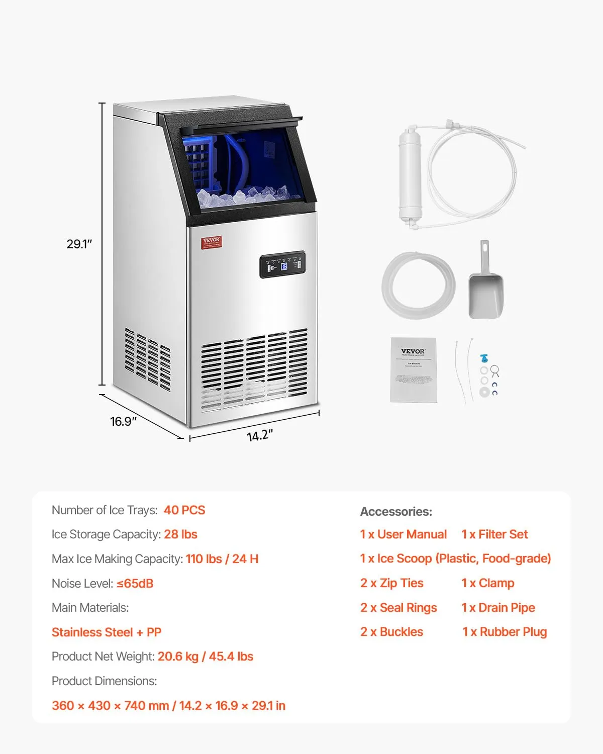 VEVOR 110lbs/24H Commercial Ice Maker, 36 Ice Cubes in 15 Minutes, Freestanding Ice Maker Machine with 28lbs Large Storage Capacity for Bar Office Restaurant, with LED Digital Display & Self-Cleaning