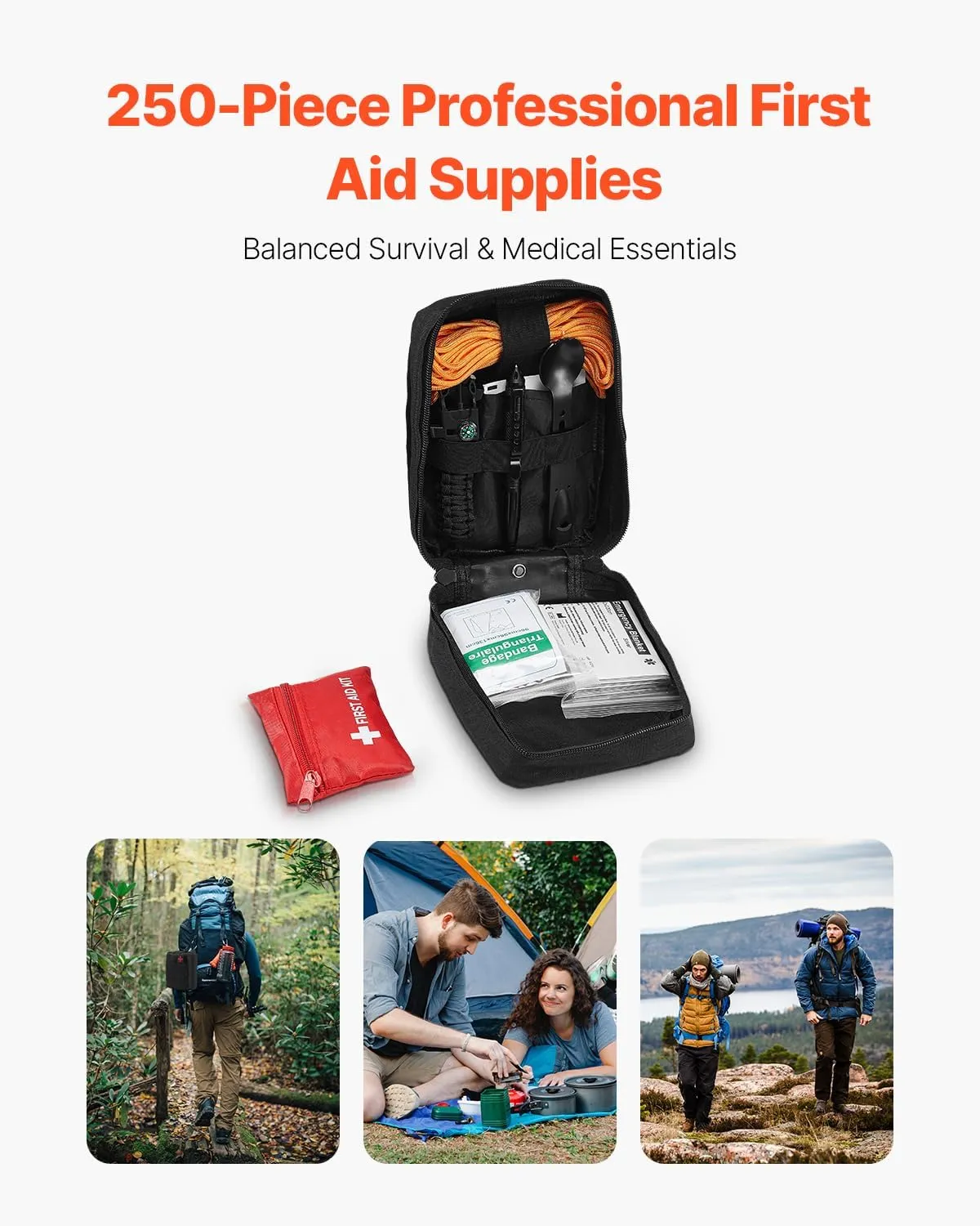 VEVOR Survival First Aid Kit, 250 Pieces, 600D Nylon Trauma First Aid Bag, Survival Gear and Equipment, Emergency Kits, for Men Women Camping, Boat, Earthquake, Hiking, Hunting, and Outdoor Adventure