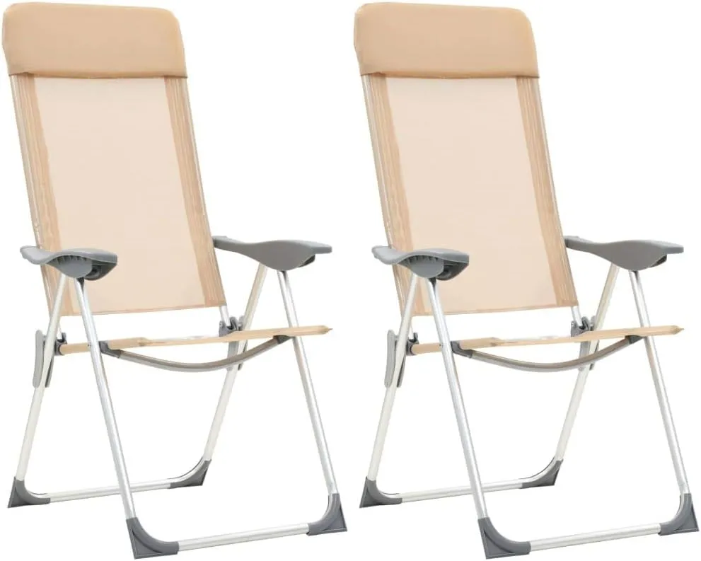 vidaXL 2X Folding Camping Chairs Garden Outdoor Portable Sunlounger Reclining Beach Chair Set Seat Seating Furniture Cream Aluminum