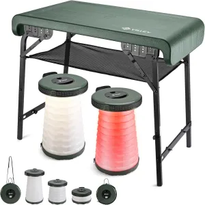 VILLEY Camping Table and Collapsible Stools Set Lightweight Foldable Beach Table with 2 Portable Stools and Mesh Layer Perfect for Outdoor, BBQ, Picnic, Beach, Hiking and Indoor Use(Green)