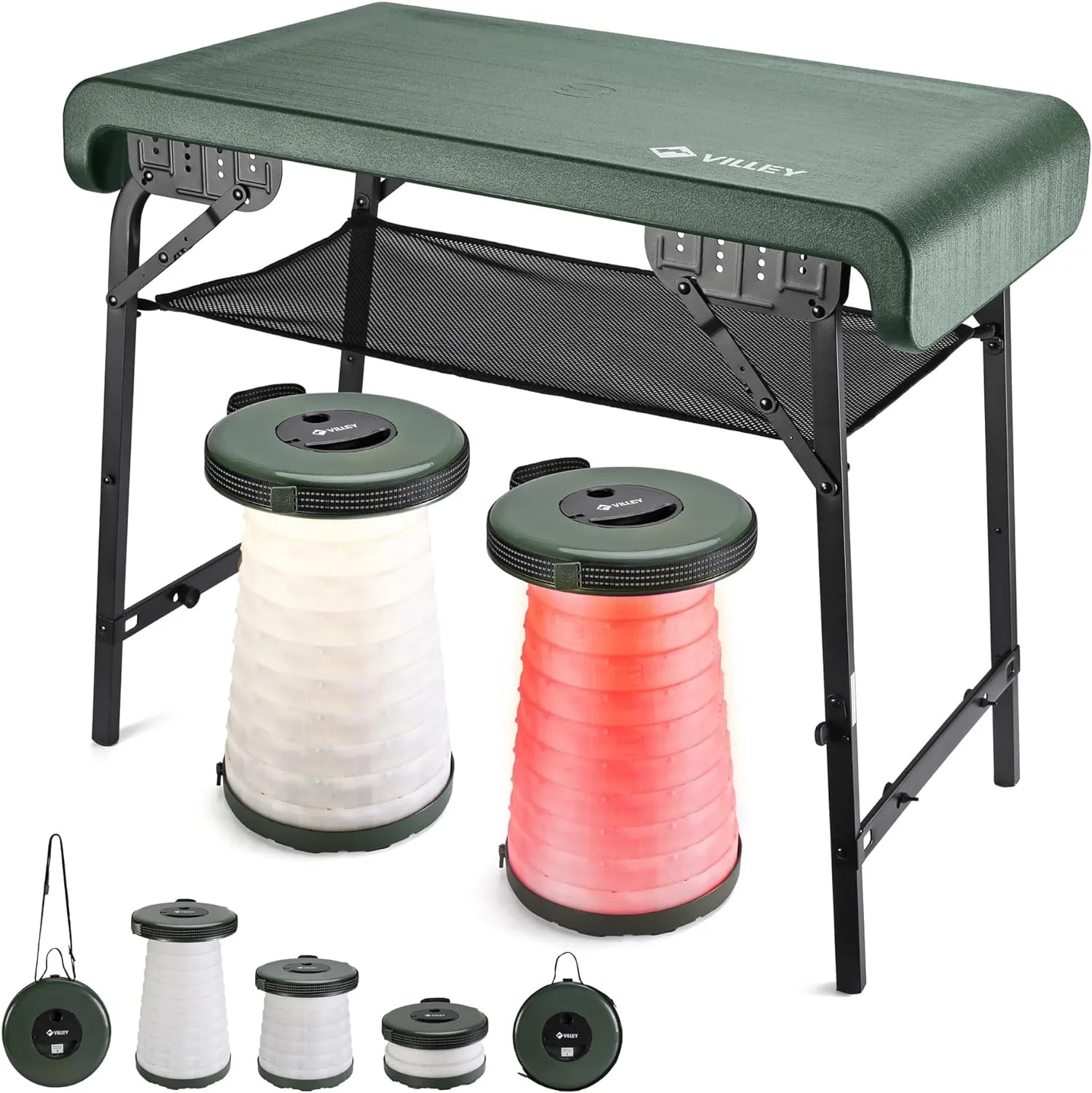 VILLEY Camping Table and Collapsible Stools Set Lightweight Foldable Beach Table with 2 Portable Stools and Mesh Layer Perfect for Outdoor, BBQ, Picnic, Beach, Hiking and Indoor Use(Green)
