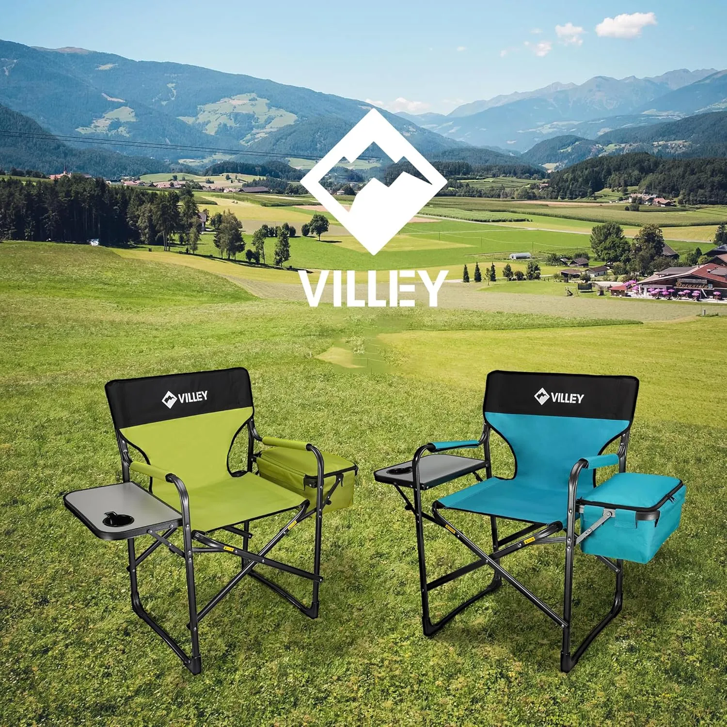 VILLEY Heavy Duty Directors Chair, Folding Camping Chairs, with Cooler Bag Portable Foldable Chair, for Camp Tailgating Lawn Picnic Fishing Beach, Supports 400 LBS, Green