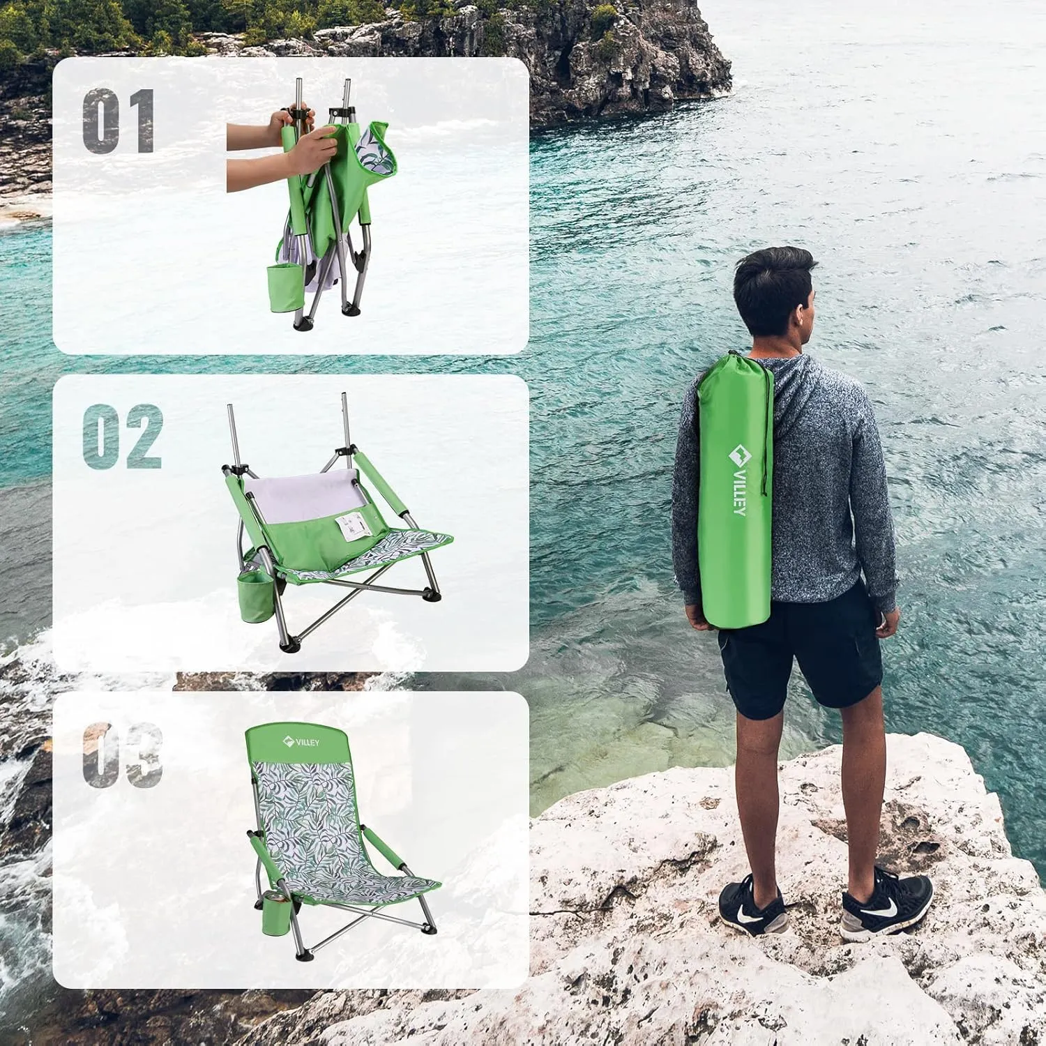VILLEY Low Beach Chairs for Adults 2 Pack, High Back Folding Beach Chairs, Lightweight and Portable for Outdoor, Beach, Camping, Lawn, with Cup Holder and Carry Bag-Green Tropical Leaves