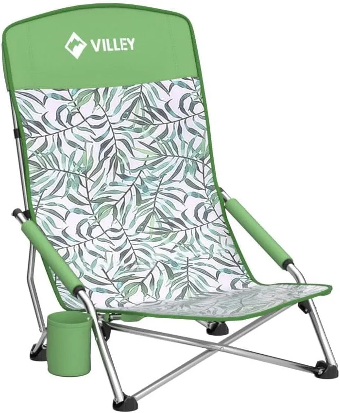 VILLEY Low Beach Chairs for Adults 2 Pack, High Back Folding Beach Chairs, Lightweight and Portable for Outdoor, Beach, Camping, Lawn, with Cup Holder and Carry Bag-Green Tropical Leaves