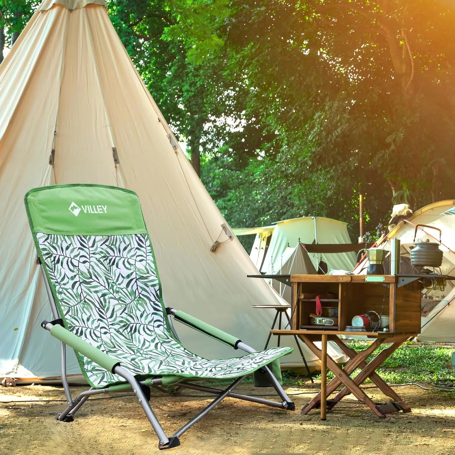 VILLEY Low Beach Chairs for Adults 2 Pack, High Back Folding Beach Chairs, Lightweight and Portable for Outdoor, Beach, Camping, Lawn, with Cup Holder and Carry Bag-Green Tropical Leaves