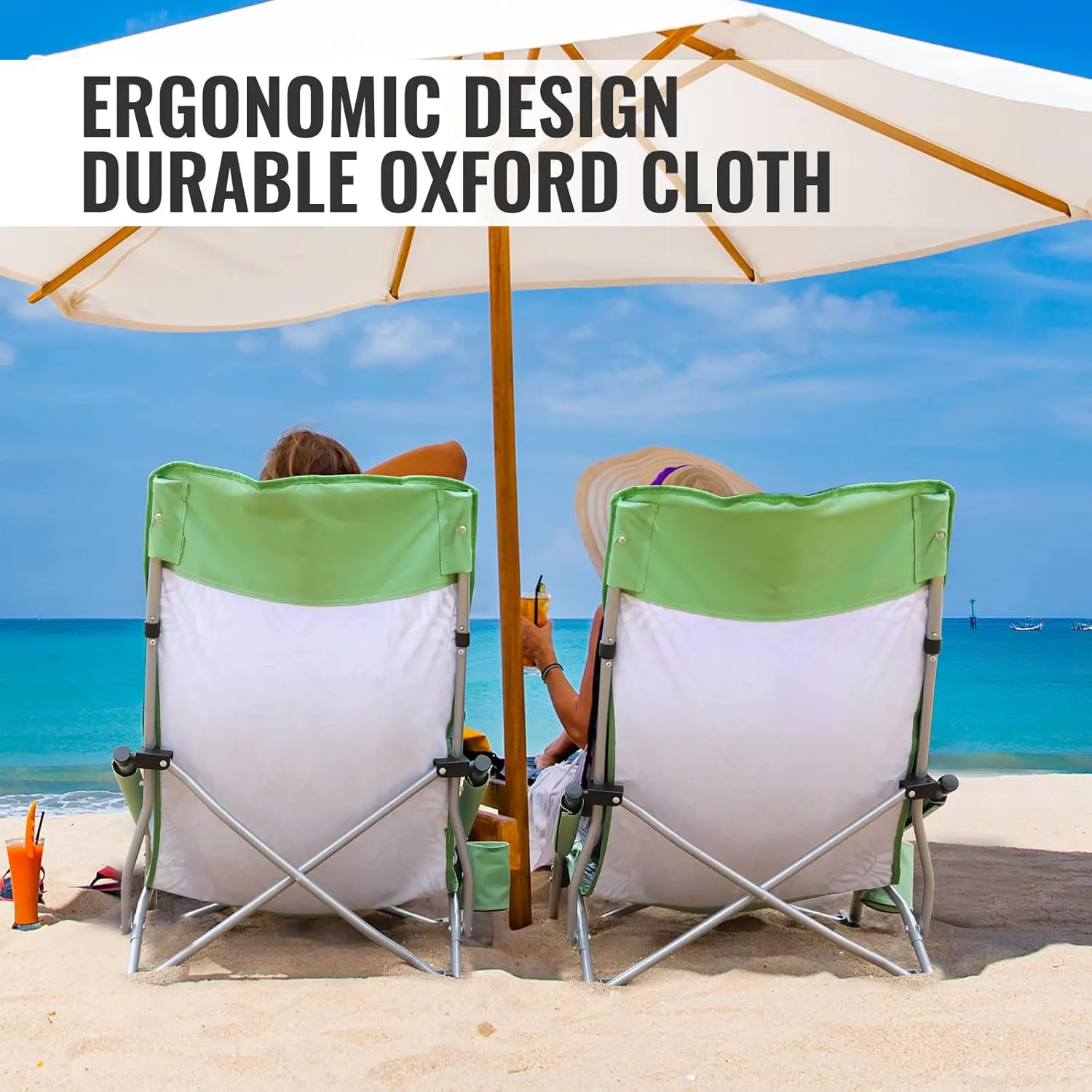 VILLEY Low Beach Chairs for Adults 2 Pack, High Back Folding Beach Chairs, Lightweight and Portable for Outdoor, Beach, Camping, Lawn, with Cup Holder and Carry Bag-Green Tropical Leaves