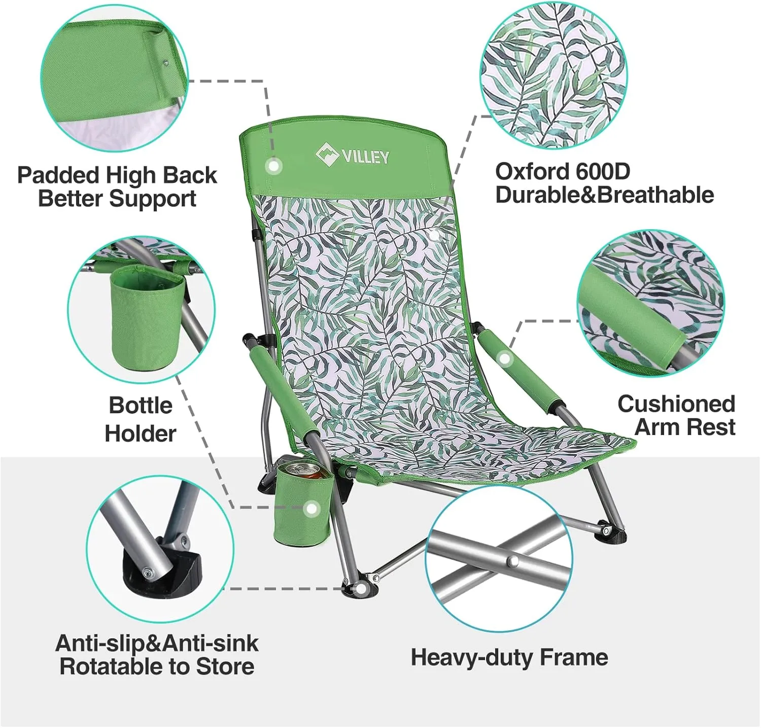 VILLEY Low Beach Chairs for Adults 2 Pack, High Back Folding Beach Chairs, Lightweight and Portable for Outdoor, Beach, Camping, Lawn, with Cup Holder and Carry Bag-Green Tropical Leaves