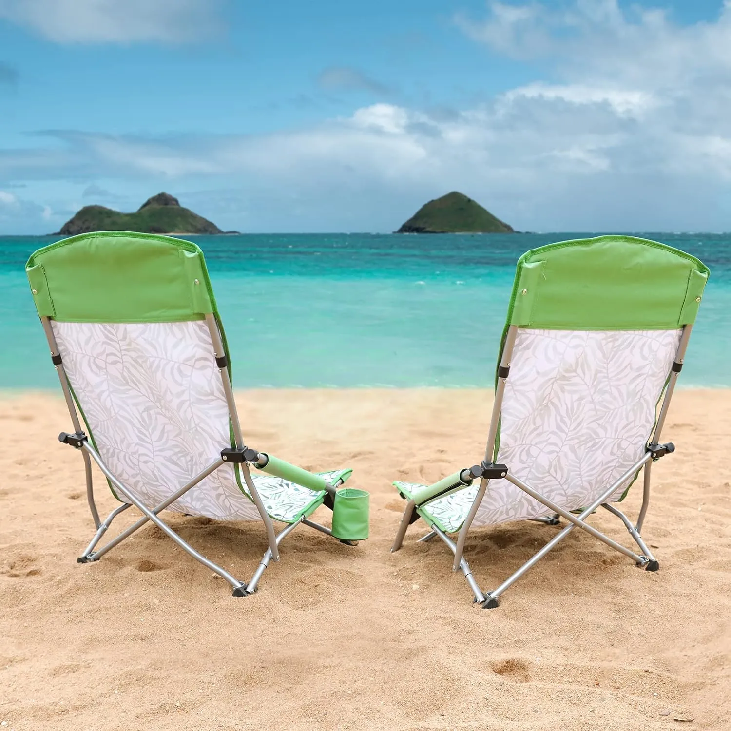 VILLEY Low Beach Chairs for Adults 2 Pack, High Back Folding Beach Chairs, Lightweight and Portable for Outdoor, Beach, Camping, Lawn, with Cup Holder and Carry Bag-Green Tropical Leaves