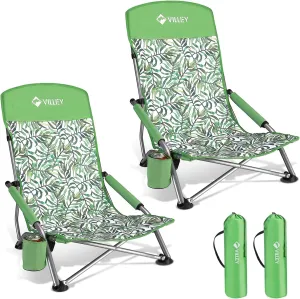 VILLEY Low Beach Chairs for Adults 2 Pack, High Back Folding Beach Chairs, Lightweight and Portable for Outdoor, Beach, Camping, Lawn, with Cup Holder and Carry Bag-Green Tropical Leaves