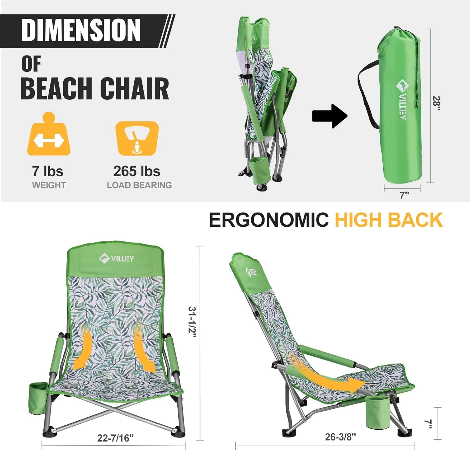 VILLEY Low Beach Chairs for Adults 2 Pack, High Back Folding Beach Chairs, Lightweight and Portable for Outdoor, Beach, Camping, Lawn, with Cup Holder and Carry Bag-Green Tropical Leaves