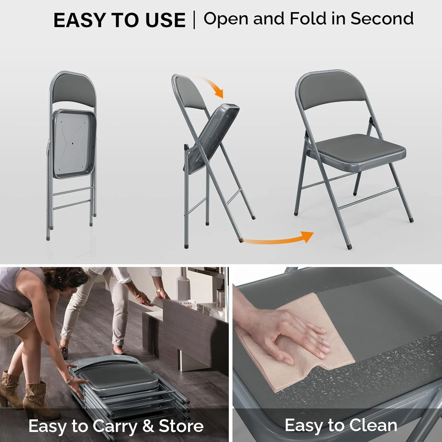 VINGLI 10 Pack Folding Chairs with Padded Seats, Metal Frame with Pu Leather Seat & Back, Capacity 350 lbs, Gray