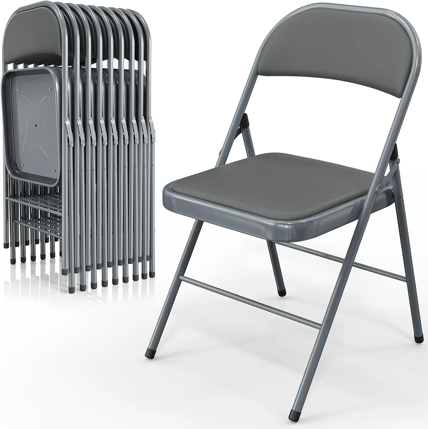 VINGLI 10 Pack Folding Chairs with Padded Seats, Metal Frame with Pu Leather Seat & Back, Capacity 350 lbs, Gray