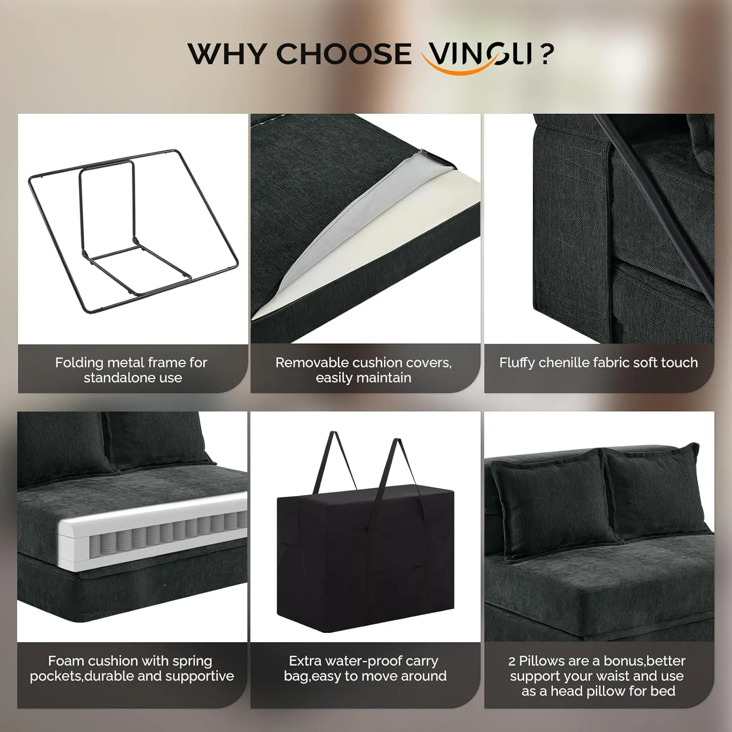 VINGLI Futon Sofa Bed, 5-in-1 Convertible Sleeper Sofa Chair RV Furniture Pull Out Floor Bed Couch for Small Spaces, Living Room, Bedroom with 2 Throw Pillows, Carry Bag